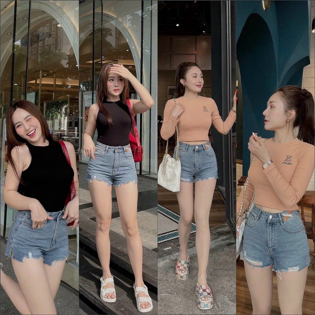 Quần Sọt Jean Nữ Mẫu Rách Tua Lai Lưng Đính Tag Chéo Hàng Jean Cotton