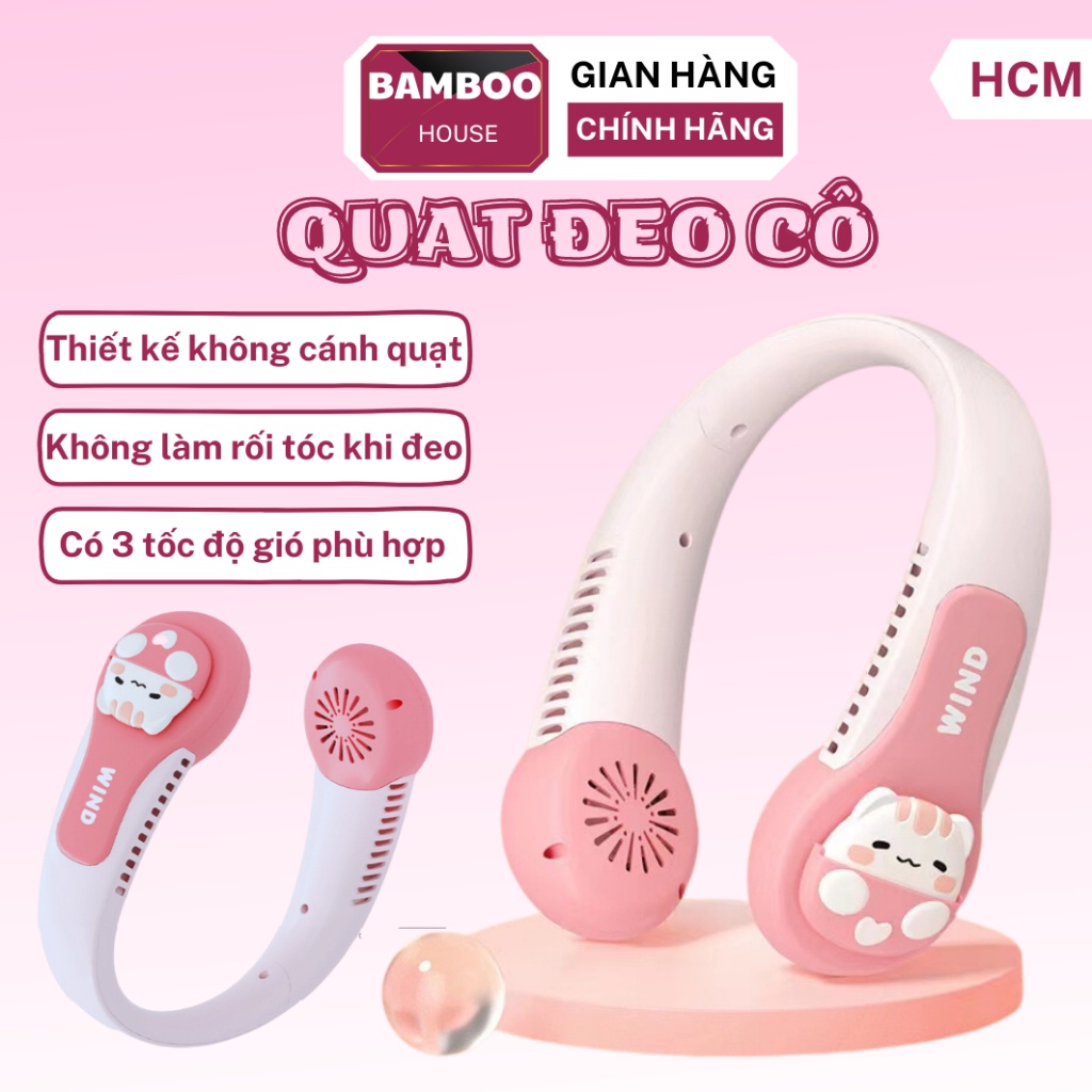 Quạt đeo cổ mini WIND không cánh, quạt mini hình thú sạc tích điện USB dung lượng pin lớn 3 cấp độ gió êm ái chính hãng