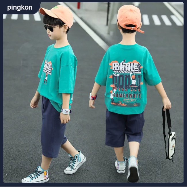 Set Đồ 2 Món Gồm Áo Thun Cotton Tay Cộc In Họa Tiết Thời Trang + Quần Lửng Cho Bé Trai 7-12 Tuổi