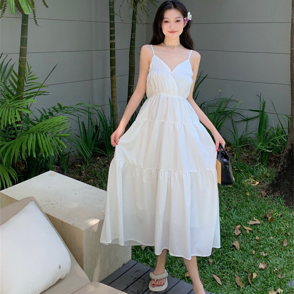 Đầm Hai Dây Dáng Dài Màu Trắng Thời Trang Mùa Hè Phong Cách Pháp Cho Nữ
