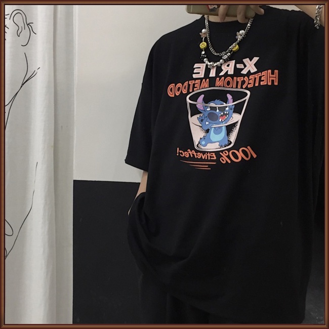 Áo Thun Tay Ngắn Cổ Tròn Dáng Rộng In Họa Tiết Hoạt Hình Stitch Phong Cách Harajuku Thời Trang Cho Nam Và Nữ
