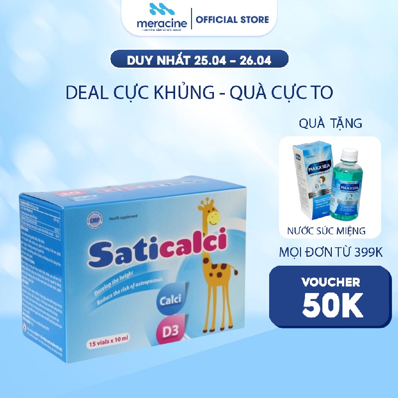 Thực phẩm chức năng bảo vệ sức khoẻ SatiCalci bổ sung canxi, hỗ trợ phát triển chiều cao hộp 15 ống