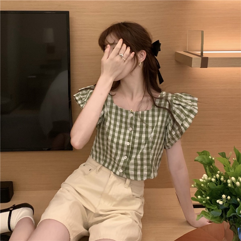 Áo sơ mi SUXI tay dài ống loe họa tiết sọc caro phong cách cổ điển thời trang cho nữ