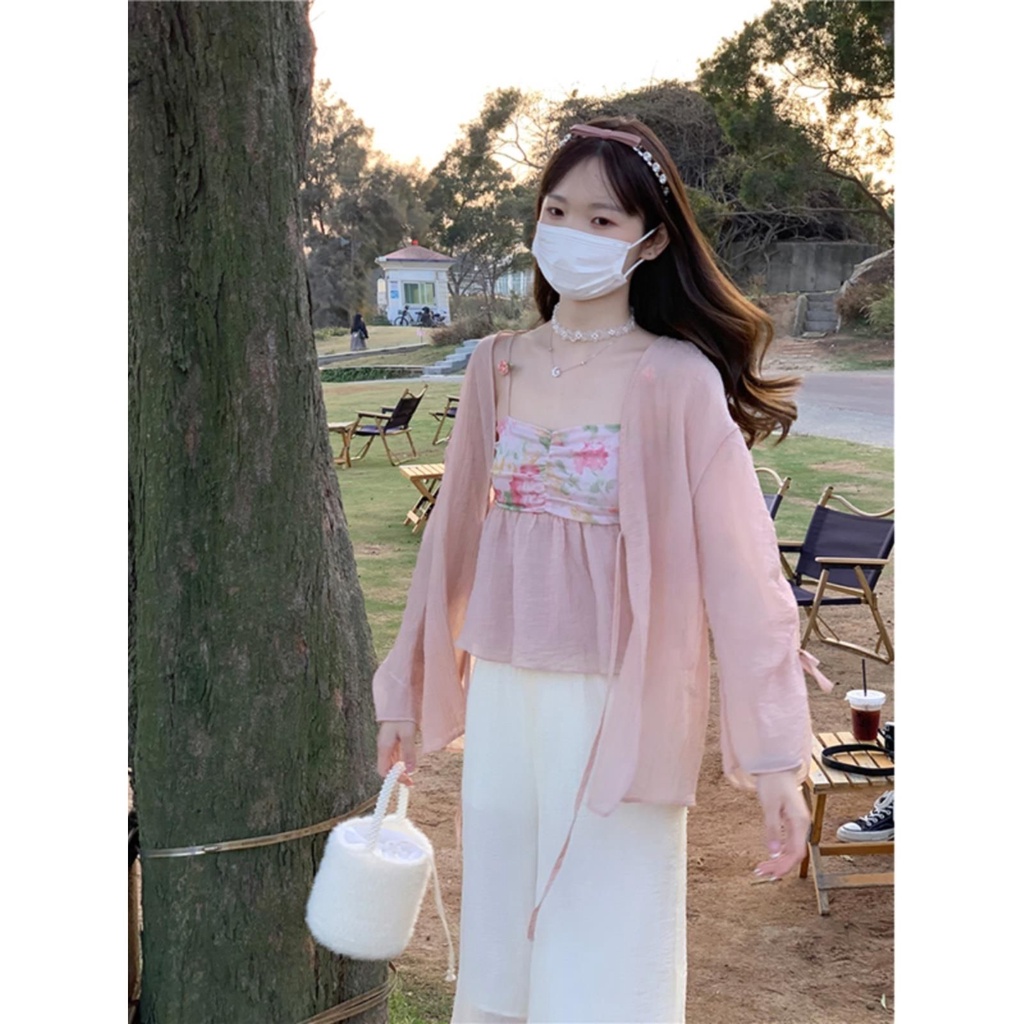 Set Áo Hoa Hai Dây + Áo Khoác Cardigan Chống Nắng Phong Cách Thời Trang Hàn Quốc 2023