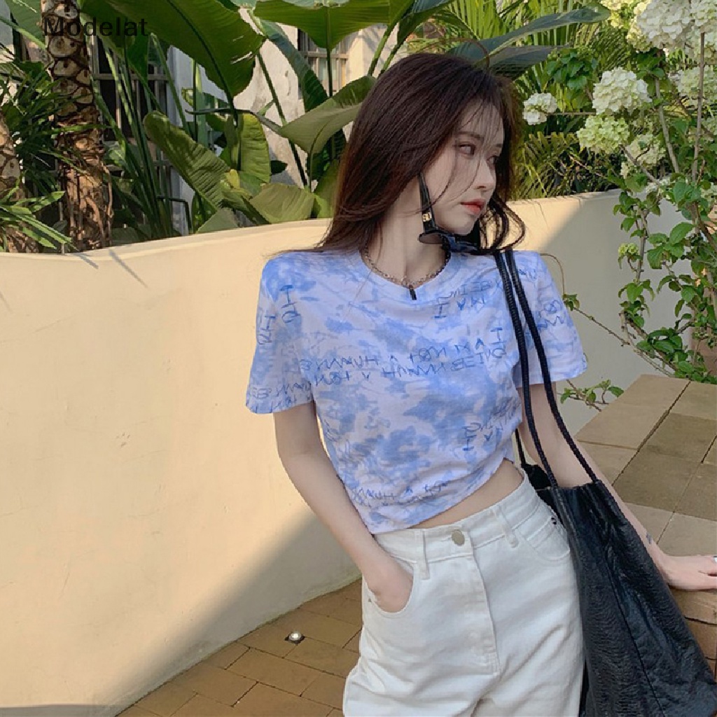 Áo Thun Crop Top Tay Ngắn Cổ Tròn Nhuộm Màu Thời Trang Mùa Hè Cho Nữ