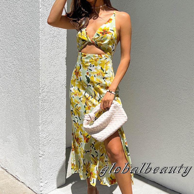 Gb-đầm Nữ Cổ Chữ V Xẻ Sâu Hở Lưng In Họa Tiết Hoa Màu Vàng Size S / M / L / XL