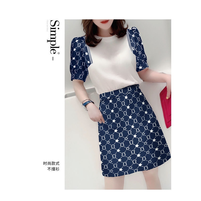 Set Áo Thun Ngắn Tay Và Chân Váy Chữ A Màu Xanh Đậm Phong Cách Châu Âu Thời Trang Mùa Hè Mới Cho Nữ