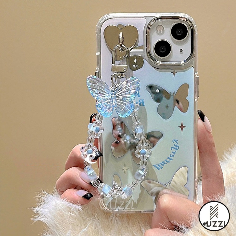 Ốp Điện Thoại Tráng Gương Hình Bướm Màu gradient Có Dây Đeo Cho iphone 11 15 14 12 13 pro max