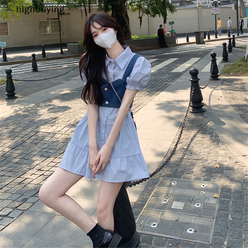 Set Đầm Denim Và Áo Sơ Mi Tay Phồng Phong Cách Vintage Thời Trang Hè 2023 Cho Nữ