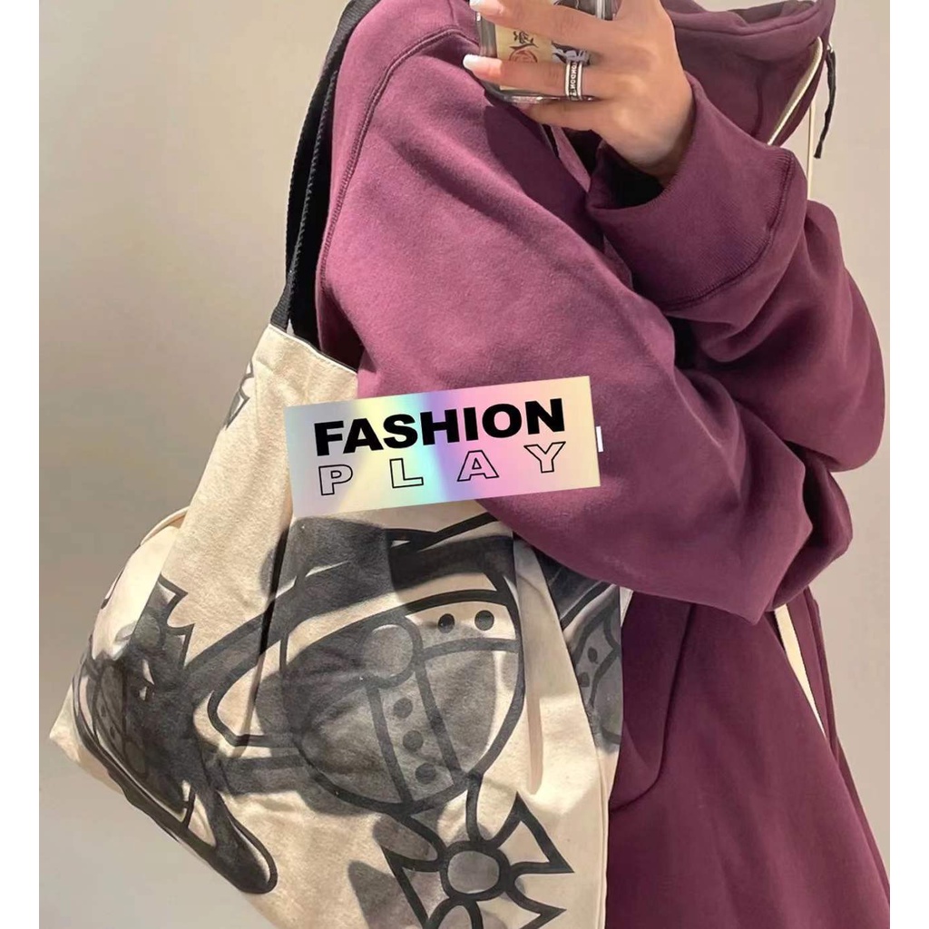 Túi Đeo Vai Vải Canvas Phối Cotton Thiết Kế Dễ Thương