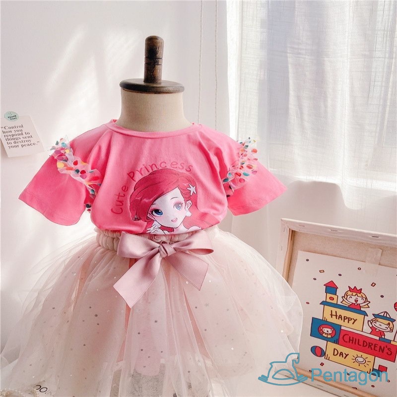 Đầm Thun Tay Ngắn Phối Lưới Chấm Bi Họa Tiết Hoạt Hình Dễ Thương Thời Trang Mùa Hè Cho Bé Gái