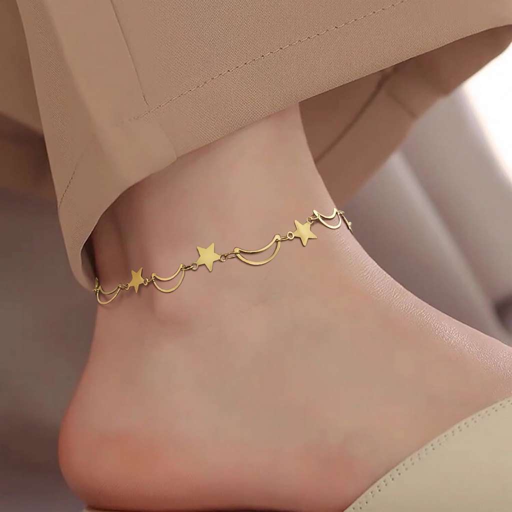 Lắc Chân Mạ Vàng 14K Hình Ngôi Sao / Mặt Trăng Dễ Thương Không Gây Dị Ứng