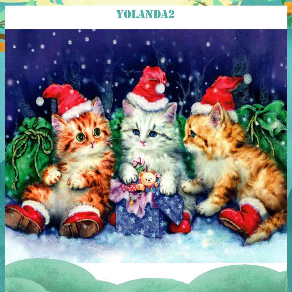 Tranh Đính Đá Kim Cương Toàn Bộ 5D DIY Hình Vẽ Mèo Giáng Sinh