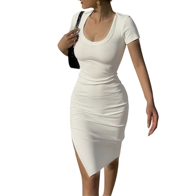 Đầm Midi Tay Ngắn Cổ Chữ U Khoét Sâu Màu Trơn Dáng Bút Chì Ôm Sát Quyến Rũ Thời Trang Mùa Hè Cho Nữ