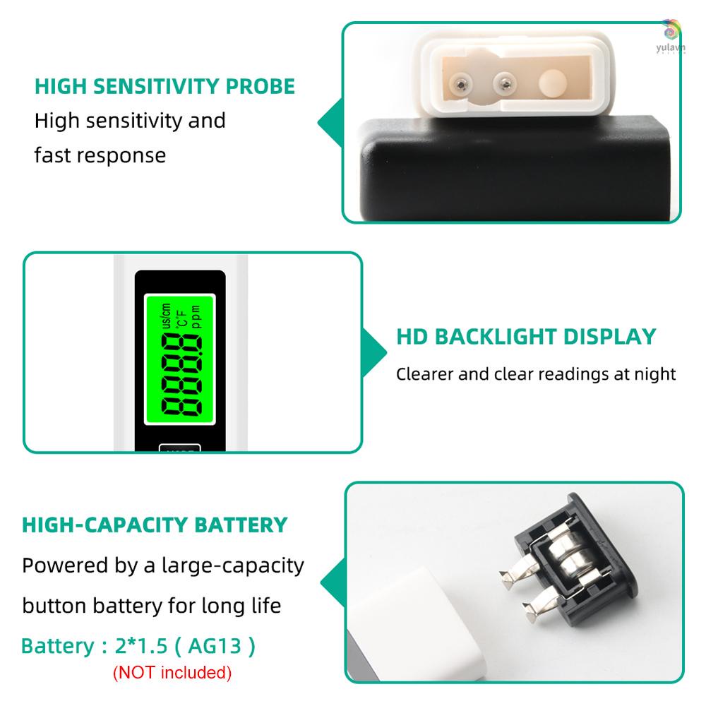 Thiết Bị Kiểm Tra Chất Lượng Nước 3 Trong 1 TDS / EC / Nhiệt Độ Có Màn Hình Hiển Thị Màu Trắng