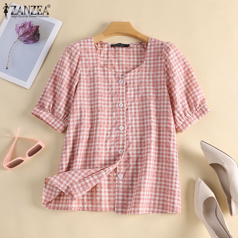 Áo nữ ZANZEA tay phồng họa tiết caro thời trang