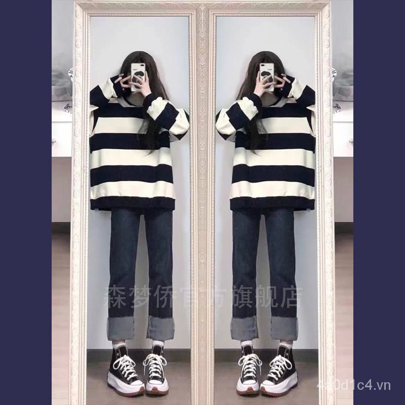 Bộ Áo Sweater Kẻ Sọc Đen Trắng + Quần Denim Phong Cách Hàn Quốc Thời Trang Thu Đông Cho Nữ 101.2kg