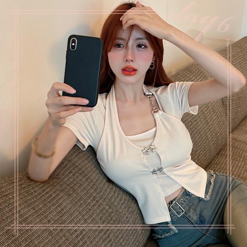 Áo Thun Ngắn Tay Giả Hai Lớp Phong Cách Hàn Quốc Dành Cho Nữ