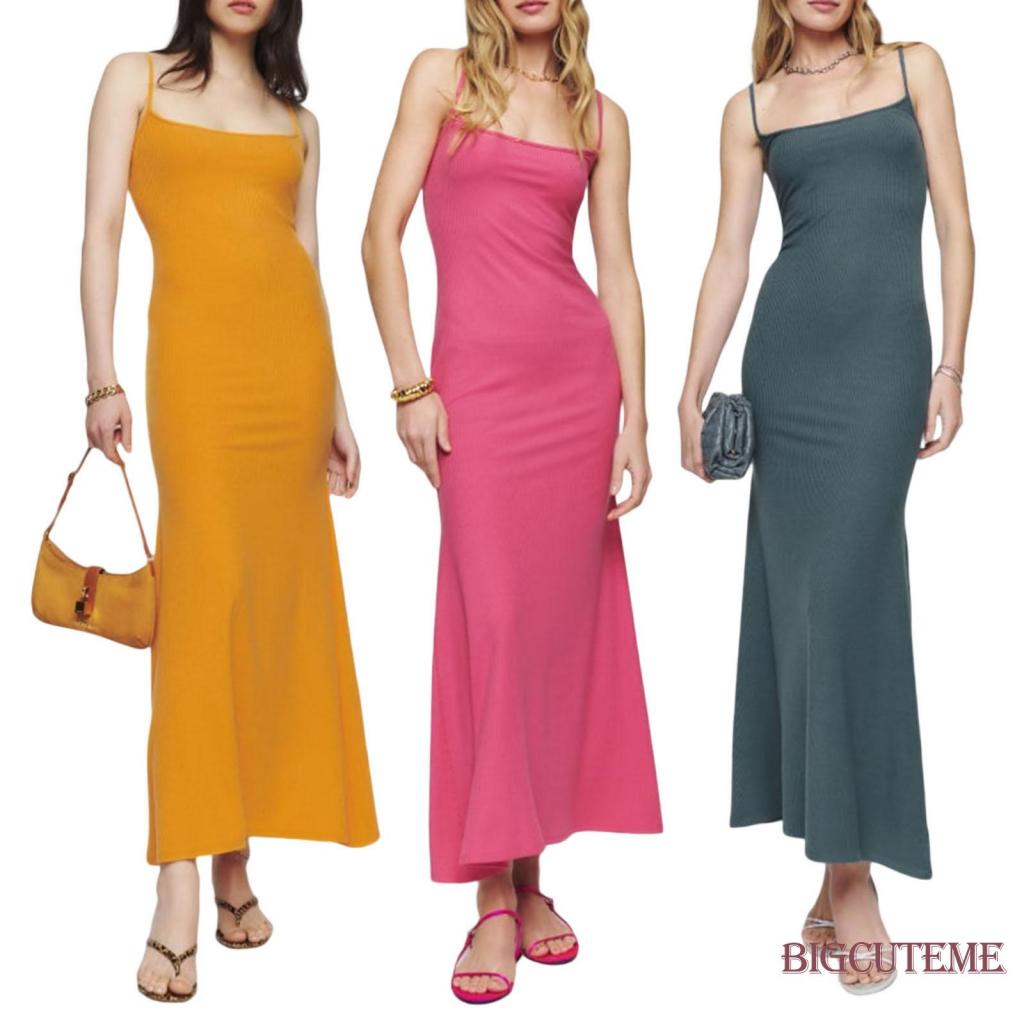 Đầm Hai Dây Dệt Kim Dáng Dài Màu Sắc Đơn Giản Thời Trang Mùa Hè Cho Nữ