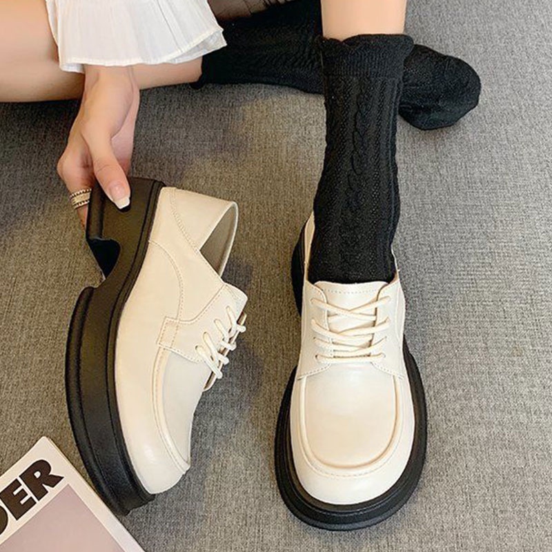 Giày Mary Jane Thắt Dây Đế Dày Màu Đen Phong Cách vintage Hai Màu Có Sẵn