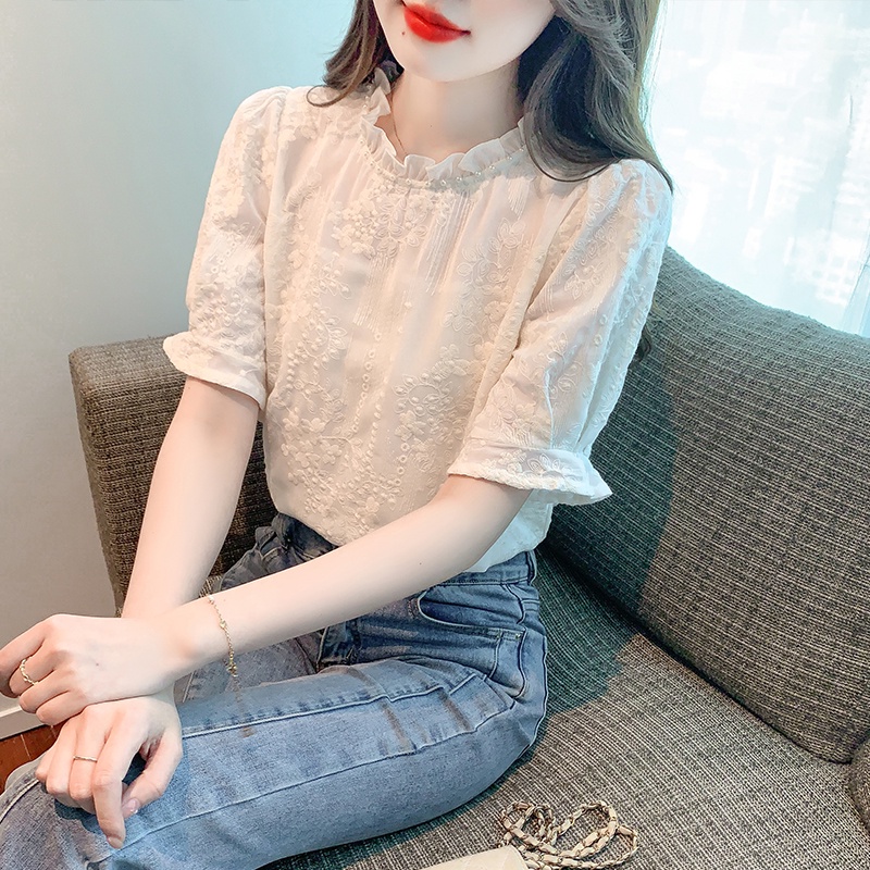 Áo Sơ Mi Chiffon Ngắn Tay Thêu Họa Tiết Đính Hạt Cườm Thời Trang Mùa Hè Cao Cấp