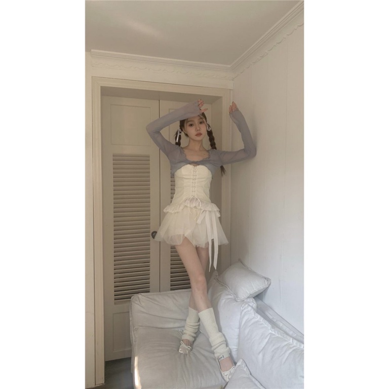 [F &amp; X] Áo Ba Lê Ngắn Phối Ren Màu Trắng Thiết Kế Độc Đáo Phong Cách Hàn Quốc Ngọt Ngào Thời Trang Mùa Hè Cho Nữ