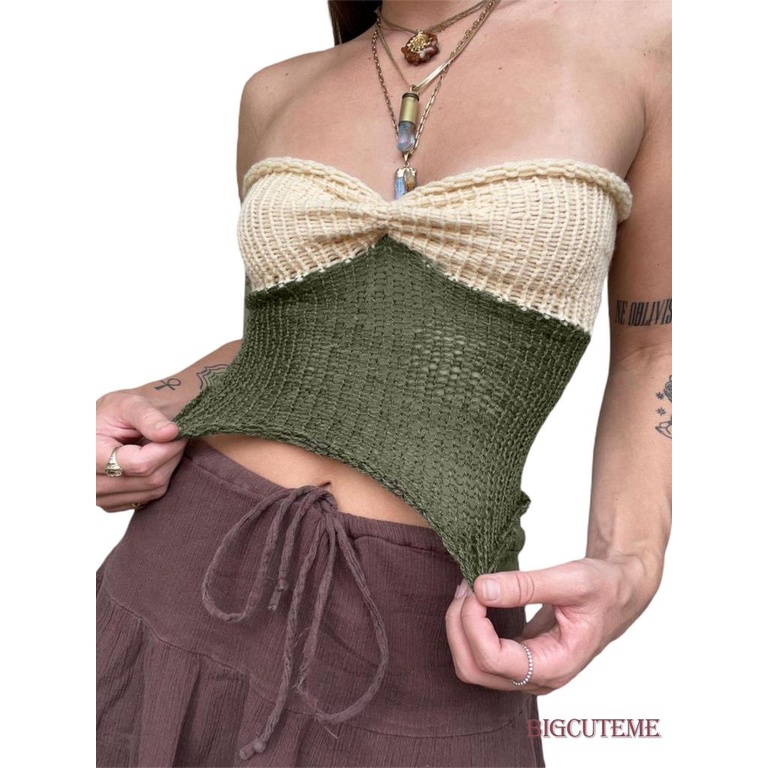 Áo Ống Dệt Kim Mini Không Tay Màu Sắc Tương Phản Thời Trang Mùa Hè Dành Cho Nữ