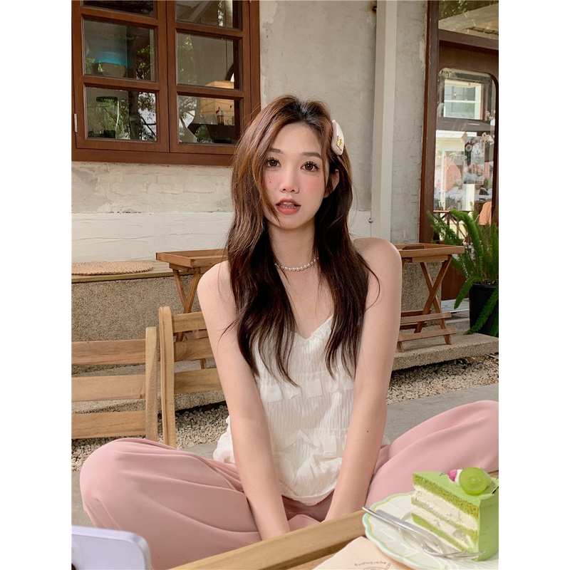 Áo Hai Dây Mùa Hè Nhẹ Nhàng Viền Gỗ Phong Cách Mới Cho Nữ