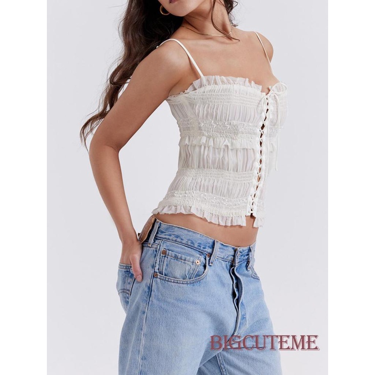 Áo Ren Trễ Vai Không Tay Nhún Bèo Phong Cách Đường Phố Thời Trang Mùa Hè Cho Nữ