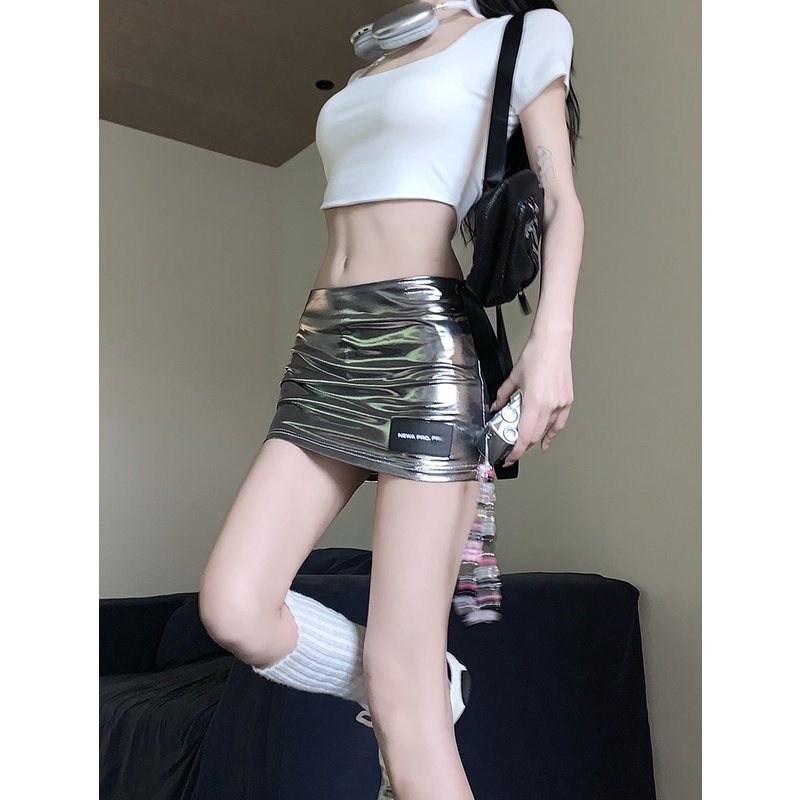 Chân Váy Ngắn Mỏng Lưng Thấp Màu Bạc Sáng Cho Nữ
