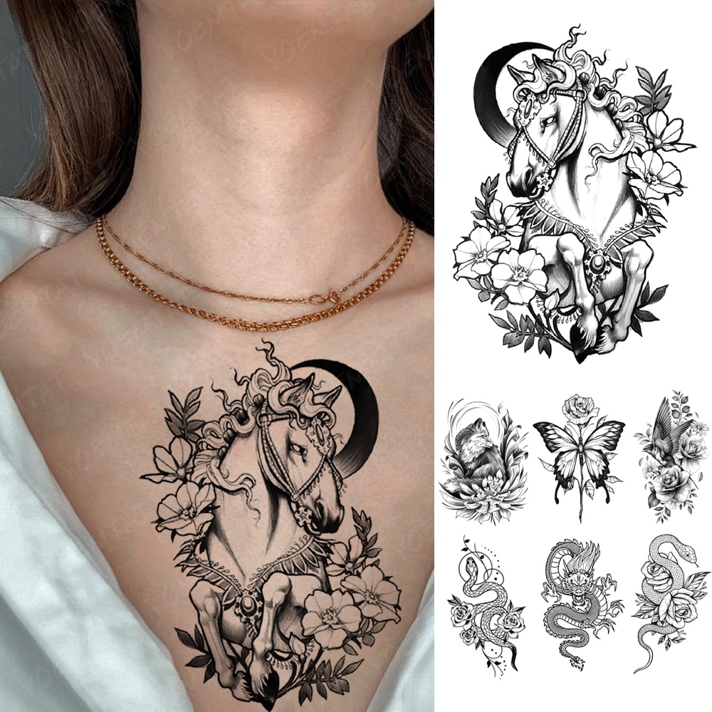 Hình Xăm Dán Tạm Thời Chống Nước Hình Kỳ Lân Và Hoa Phong Cách Gothic Y2K Cho Nam Và Nữ