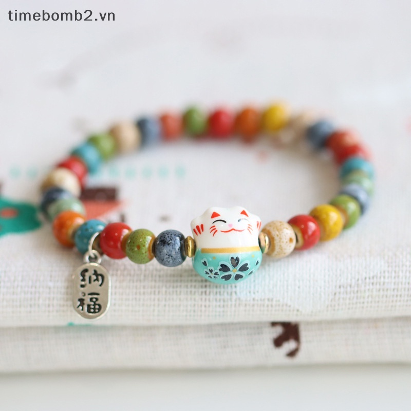 Vòng Tay Chuỗi Hạt Gốm Hình Mèo May Mắn Nhiều Màu Sắc Dễ Thương Có Thể Điều Chỉnh Cho Nữ