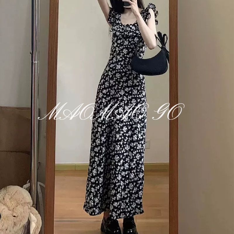 Maomao GO Đầm Dài Vừa Cỡ Nhỏ In Họa Tiết Hoa Phong Cách Hong Kong Thời Trang Cho Nữ