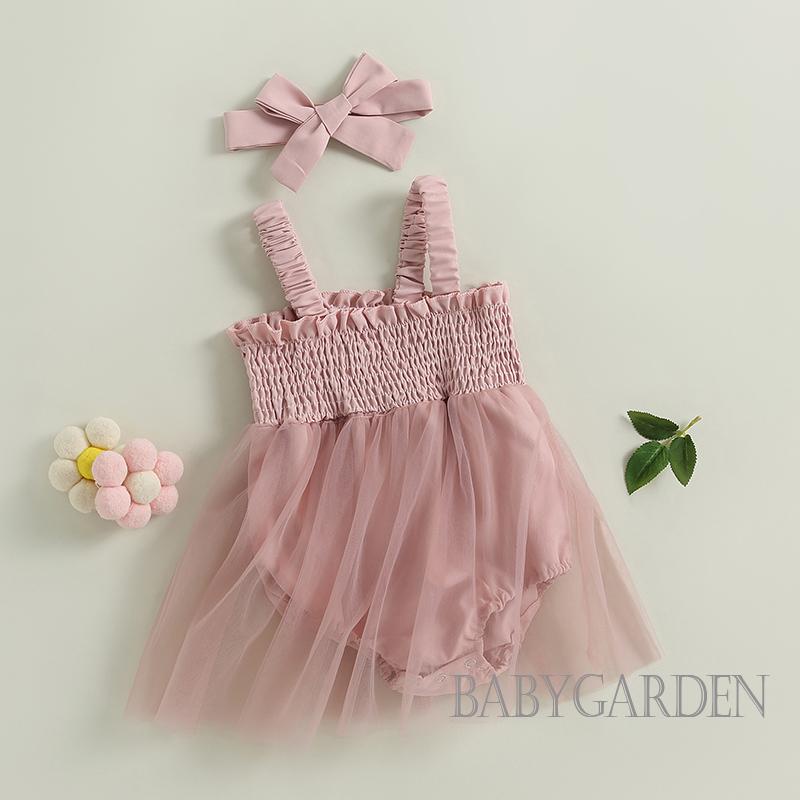 Bộ Áo Liền Quần Vải Tuyn Không Tay Kèm Băng Đô Thời Trang Mùa Hè Cho Bé Gái 0-24 Tháng Tuổi