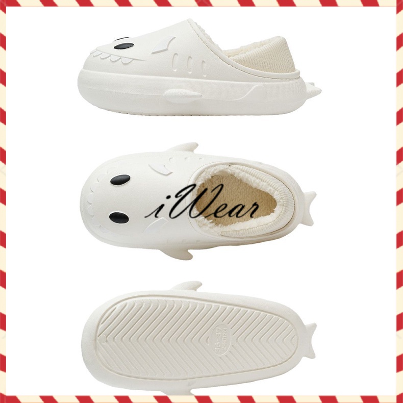 Dép bông cá mập hoạt hình nữ, Dép mùa đông đế dày chống thấm nước, Giày cotton mỉm cười dễ thương