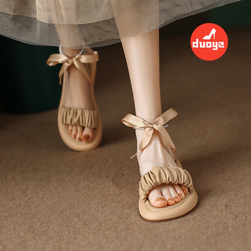 Duoya Tóc Thẳng ~ [Hàng Có Sẵn] Giày Sandal Đế Phẳng Dày Mùa Hè Đính Ngọc Trai Dễ Phối Đồ Cho Nữ Miễn Phí Vận Chuyển