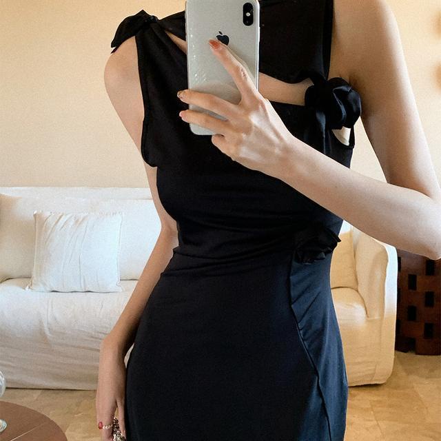 [F &amp; X] Đầm Hoa Ba Chiều Dáng Ôm Phối Ruy Băng Dáng Dài Phong Cách Pháp Thanh Lịch Cho Nữ