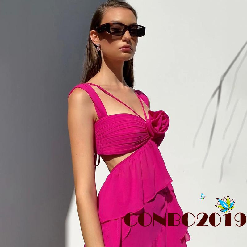 Đầm Midi Không Tay Nhún Bèo Họa Tiết Hoa Thời Trang Mùa Hè Cho Nữ