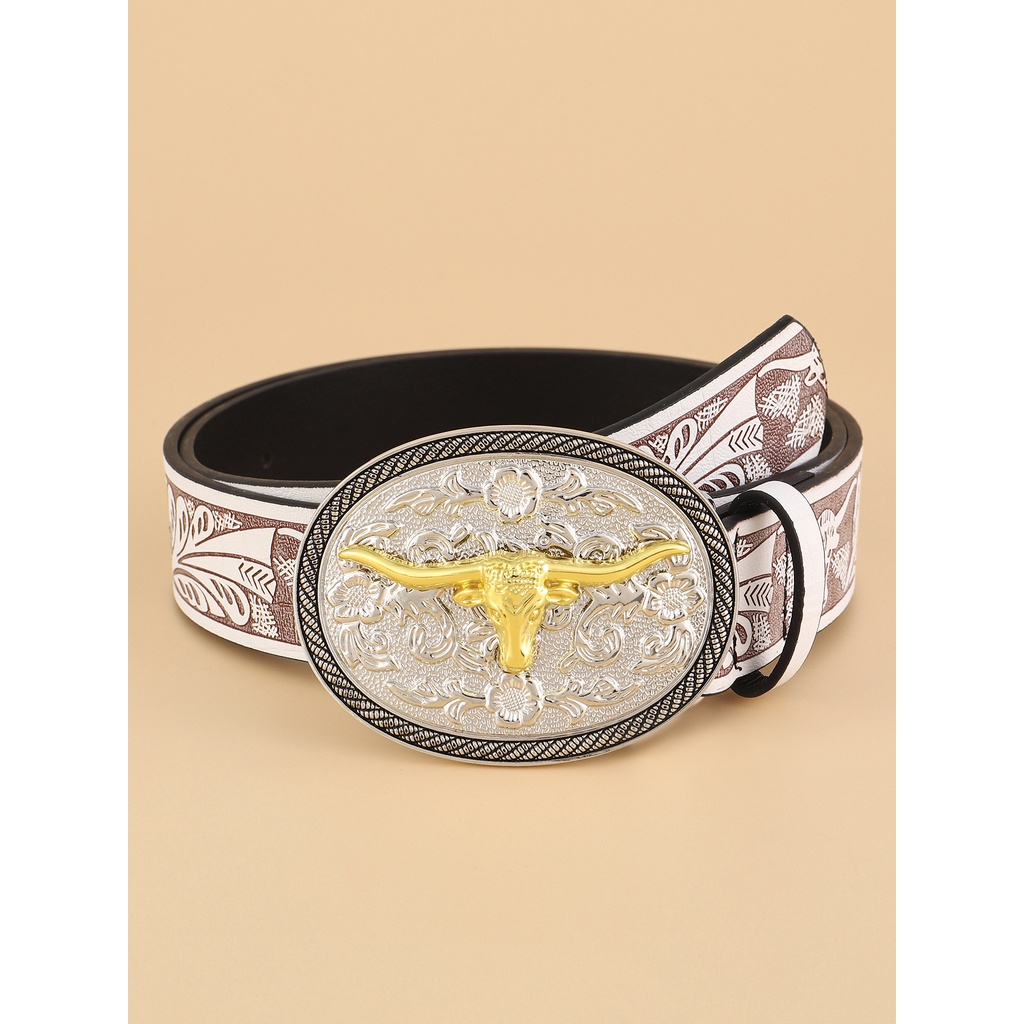 Thắt Lưng Da Họa Tiết Đầu Bò Phong Cách retro Cá Tính