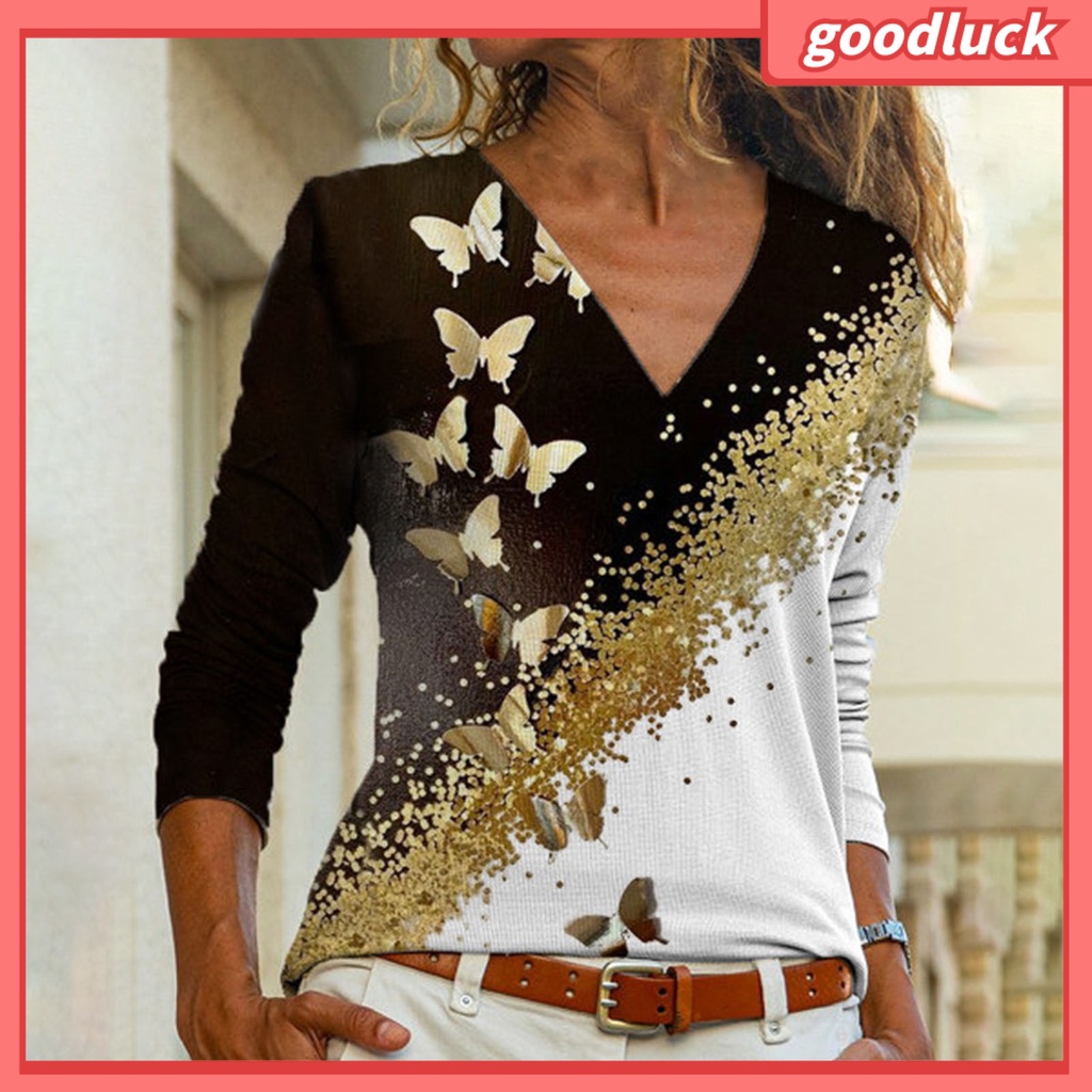 Áo Thun Nữ Tay Dài Cổ Chữ V In Hình Bướm Thời Trang