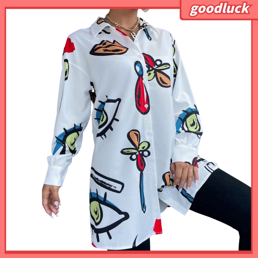 [ULK] Áo Sơ Mi Dài Tay Một Hàng Nút In Hình Đôi Mắt Thời Trang Dài Ngang Bắp Chân Cho Nữ