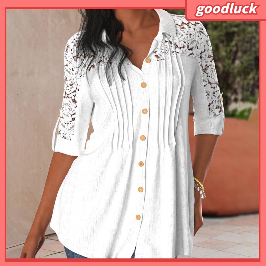 [ULK] Áo Sơ Mi Công Sở Tay Lửng Cổ Bẻ Phối Ren Bèo Một Hàng Nút Thời Trang Cho Nữ