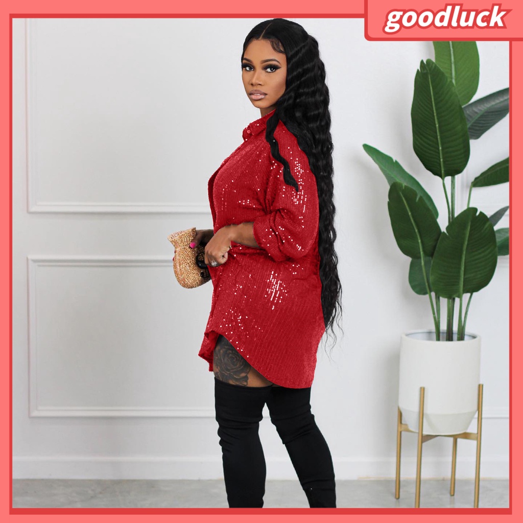 Áo Sơ Mi Tay Dài Dáng Rộng Cổ Bẻ Đính Kim Sa Lấp Lánh Thời Trang Xuân Thu Cho Nữ