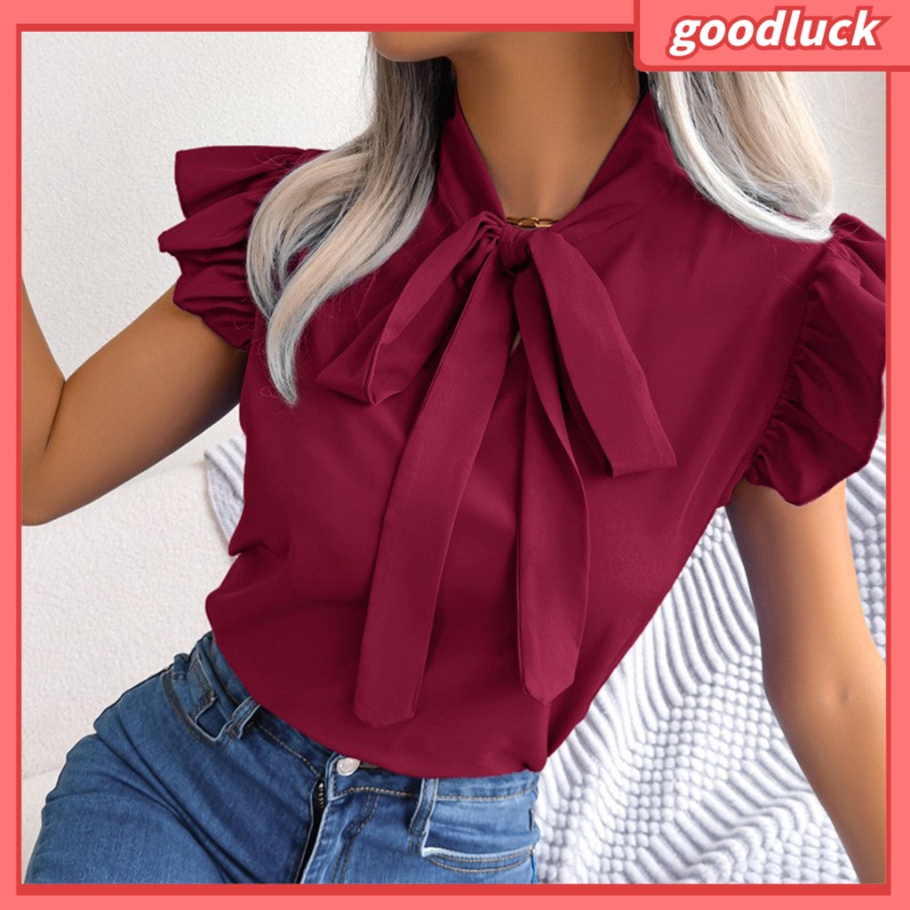 [ULK] Áo Sơ Mi Tay Ngắn Cổ Đứng Màu Trơn Trang Trọng Thắt Nơ Viền Bèo Thời Trang Mùa Hè Cho Nữ