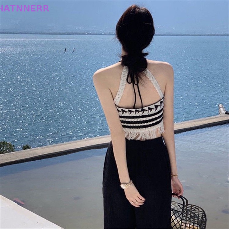 Áo Hai Dây Dệt Kim Hở Lưng Phối Tua Rua Thời Trang Mùa Hè Quyến Rũ Cho Nữ FHS