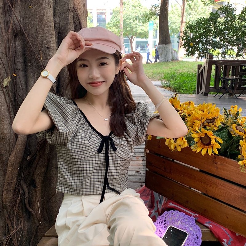 Áo Sơ Mi Ngắn Tay Trễ Vai Cổ Chữ V Họa Tiết Sọc Caro Thời Trang Mùa Hè Cho Nữ