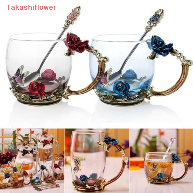 Cốc Uống Trà Cà Phê Bằng Kính Tráng Men Họa Tiết Hoa Hồng Và Bướm 3D Độc Đáo