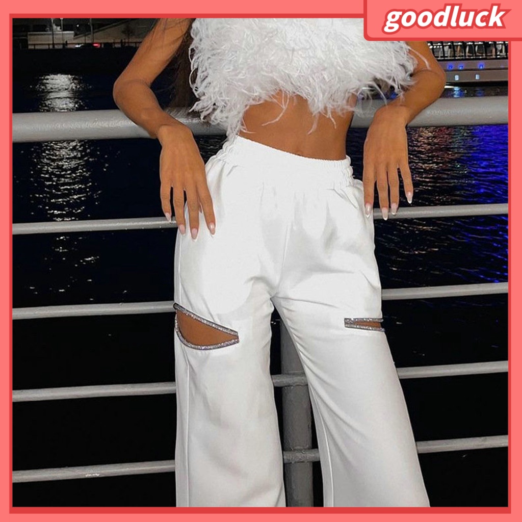 [ULK] Quần Dài Ống Loe Rách Lưng Thun Thấp Thời Trang Đường Phố Mùa Thu Cho Nữ