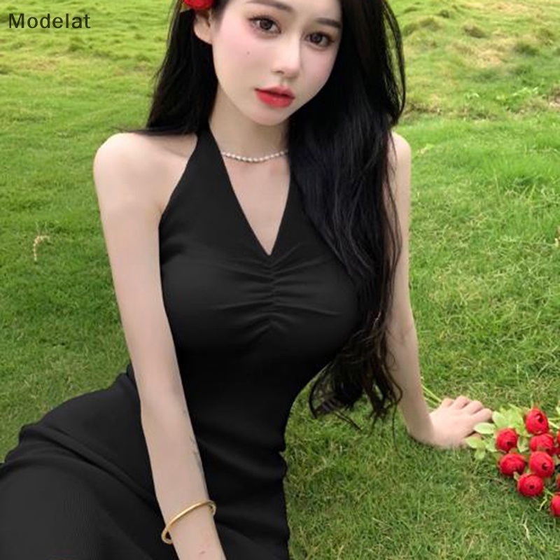 Đầm Hai Dây Cổ Chữ V Hở Lưng Màu Đen Thời Trang Mùa Hè Cho Nữ