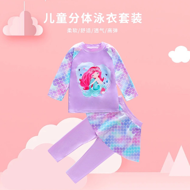 Bộ Đồ Bơi 2 Mảnh Áo Tay Dài + Quần Dài In Hình Nàng Tiên Cá Hoạt Hình Dành Cho Bé Gái